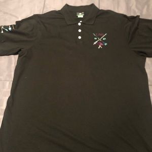 Lifted Research Group black polo style shirt…multicolored bow & arrow accents